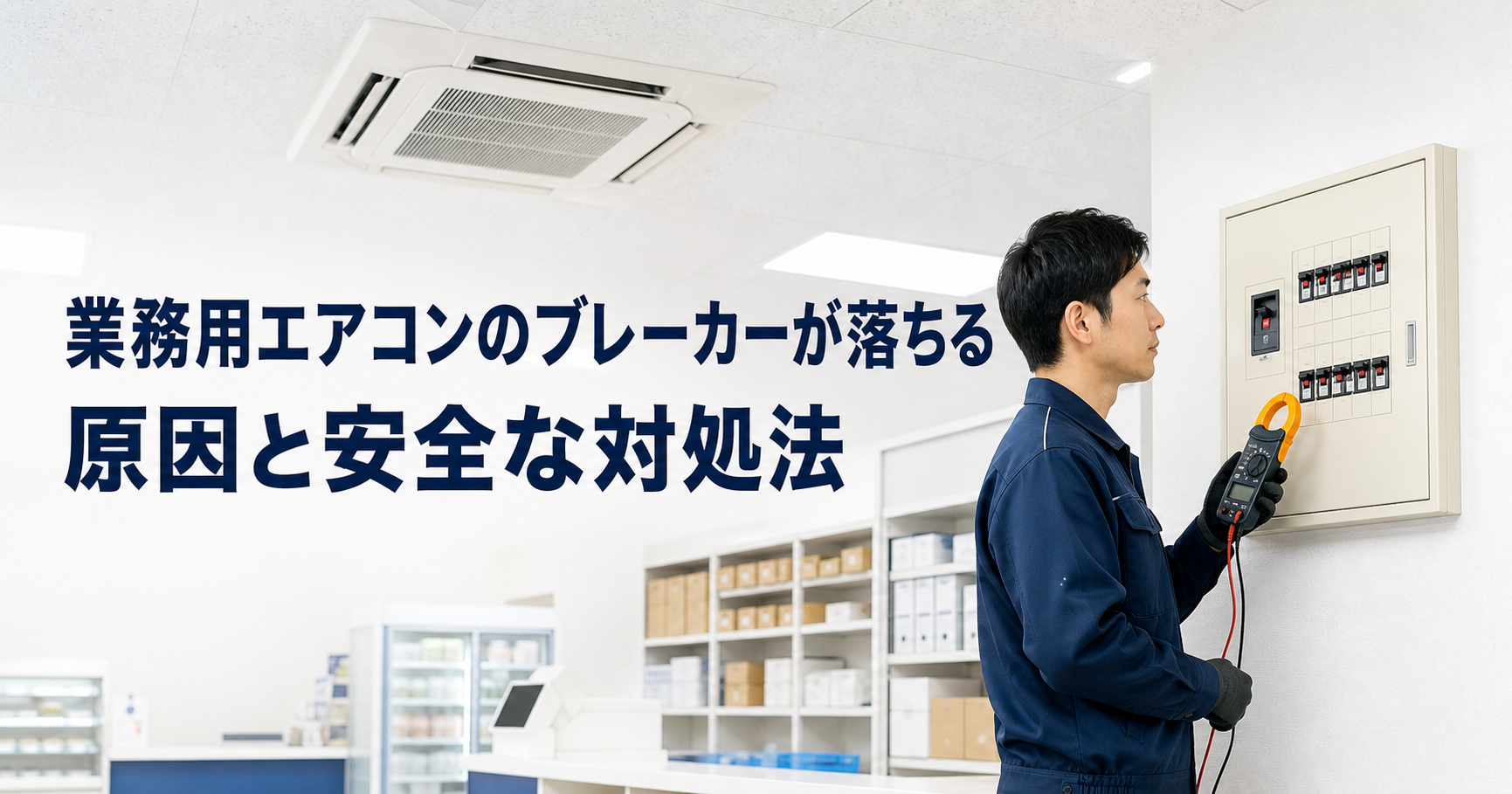 業務用エアコンのブレーカーを安全に点検する技術者
