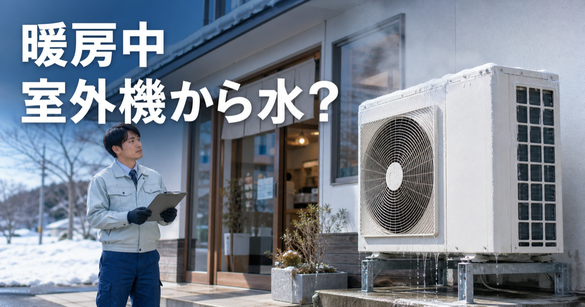 暖房中に水が出る業務用エアコンの室外機と点検する技術者
