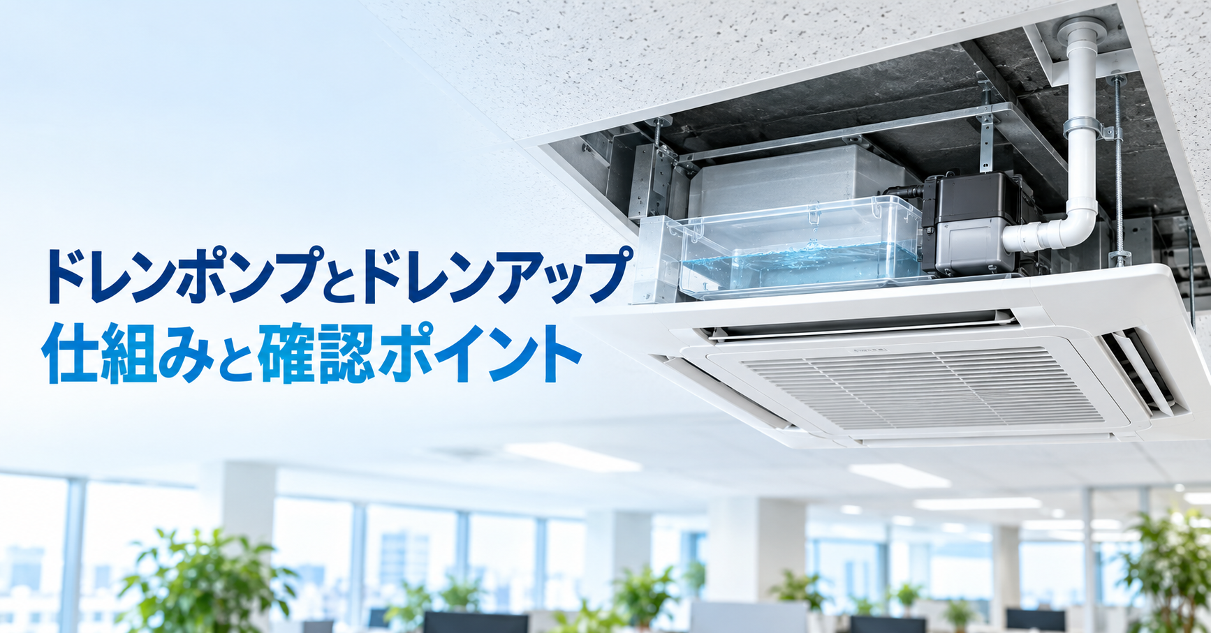 業務用エアコンの室内機とドレンポンプ、ドレン配管のイメージ