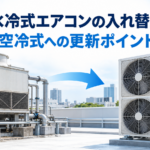 水冷式の冷却塔から空冷式の業務用エアコンへ入れ替えるイメージ