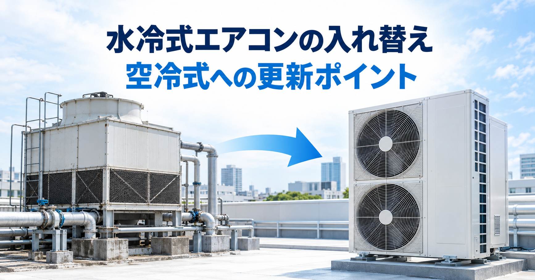 水冷式の冷却塔から空冷式の業務用エアコンへ入れ替えるイメージ